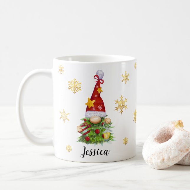 Custom Name Christmas Tree Gnome Classic Mug (With Donut)