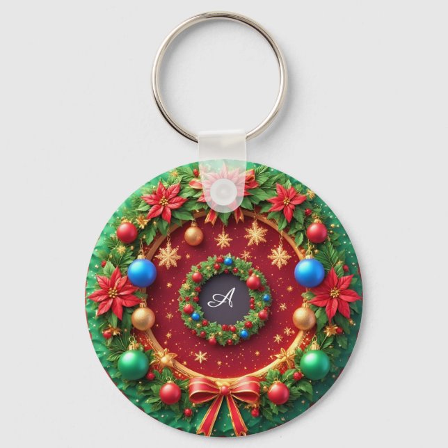 🎁Custom Name Christmas Wreath Festive Gift ✨ Key Ring (Front)