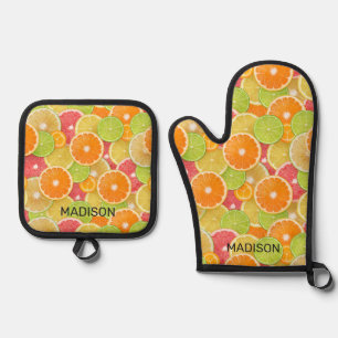 Custom Name Citrus Pattern Oven Mitt & Pot Holder Set