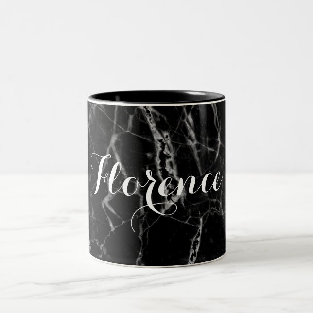Custom Name Classic Black Marble Print Elegant Two-Tone Coffee Mug (Center)