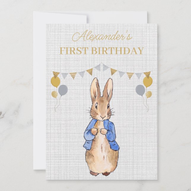 Custom Name Classic bunny rabbit First Birthday Invitation (Front)