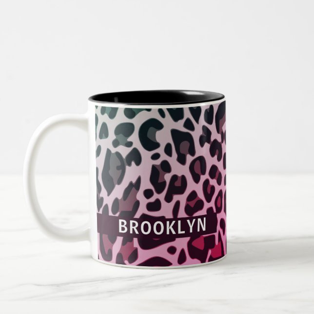 Custom Name Classic Leopard Print Design Brooklyn Two-Tone Coffee Mug (Left)