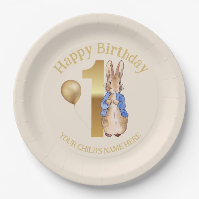 Custom Name Classic Rabbit First Birthday Paper Plate (Front)