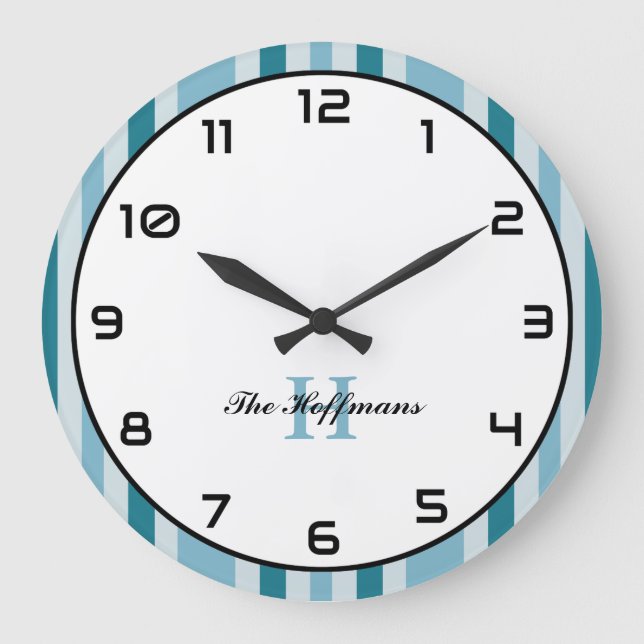 Custom Name Coastal Style Round Wall Clock Stripes (Front)