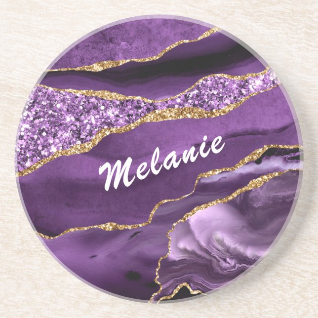 Custom Name Coaster Agate Purple Gold Glitter (Front)