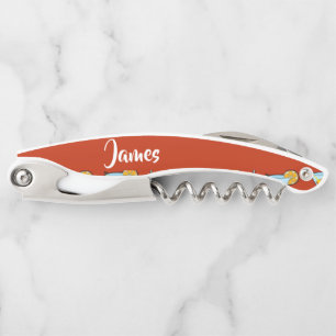 Custom name cocktail glasses on red corkscrew