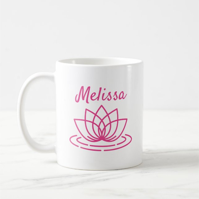 Custom name coffee mug with pink lotus flower (Left)