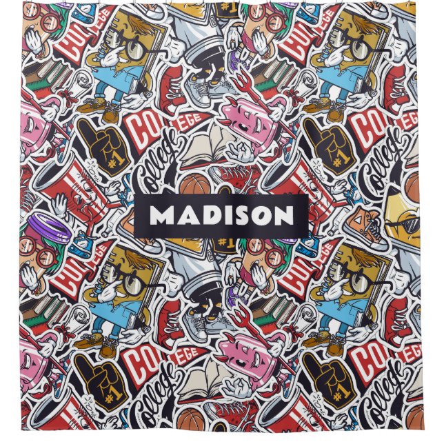Custom Name College Comics Pattern Shower Curtain (Front)