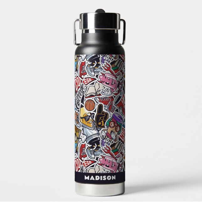Custom Name College Comics Pattern Water Bottle (Front)