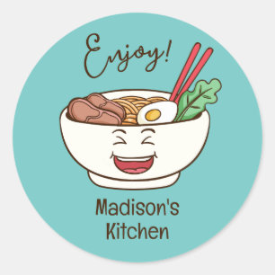 Custom Name & Color Cute Kawaii Noodles Classic Round Sticker