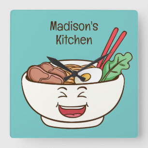 Custom Name & Color Cute Kawaii Noodles Square Wall Clock