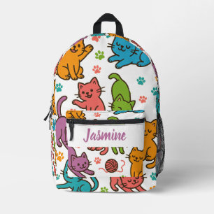 Custom Name Colorful Cartoon Cat Backpack – Kids 