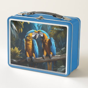 Custom Name Colorful Parrots Metal Lunch Box