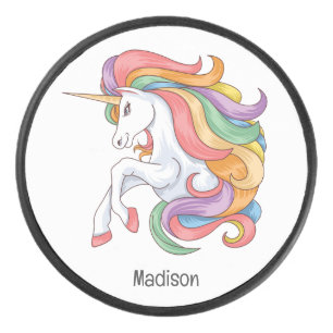 Custom Name Colorful Unicorn Hockey Puck