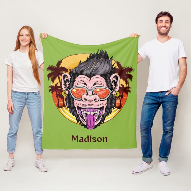 Custom name & colour Beach Monkey Fleece Blanket (In Situ)