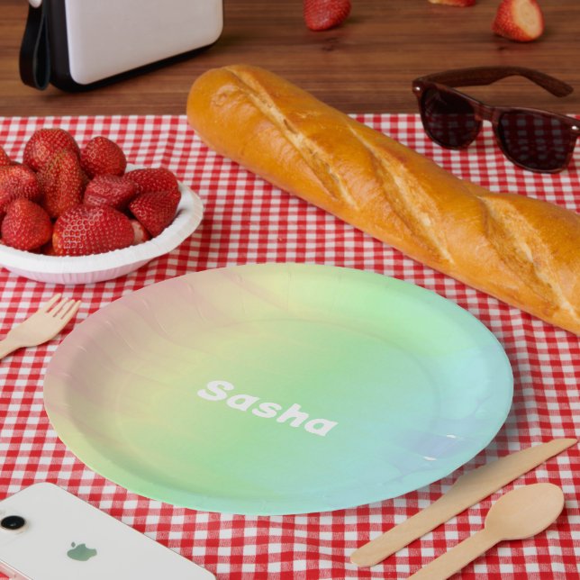 Custom name colour blend ombre paper plate (Picnic)