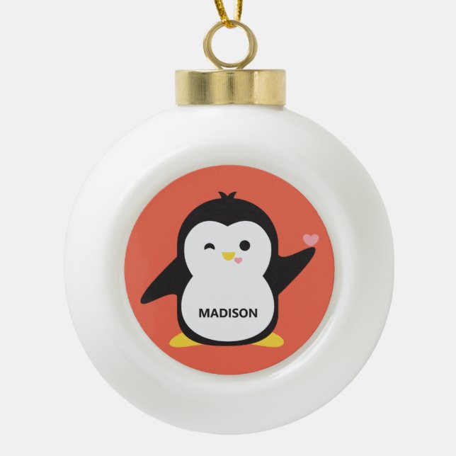 Custom name & colour cute penguin ceramic ball christmas ornament (Front)