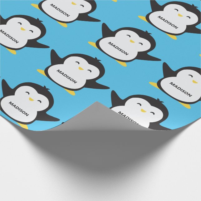 Custom name & colour cute penguin wrapping paper (Corner)