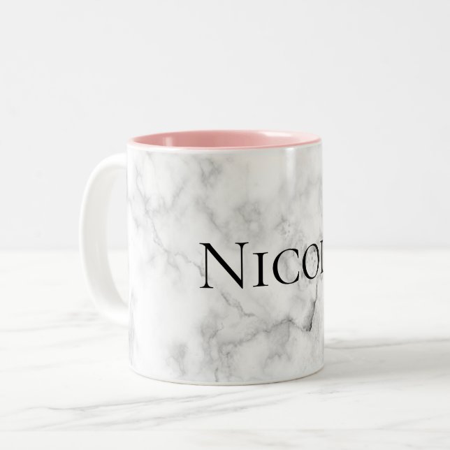 Custom Name/Colour Elegant White Marble Print Two-Tone Coffee Mug (Front Left)