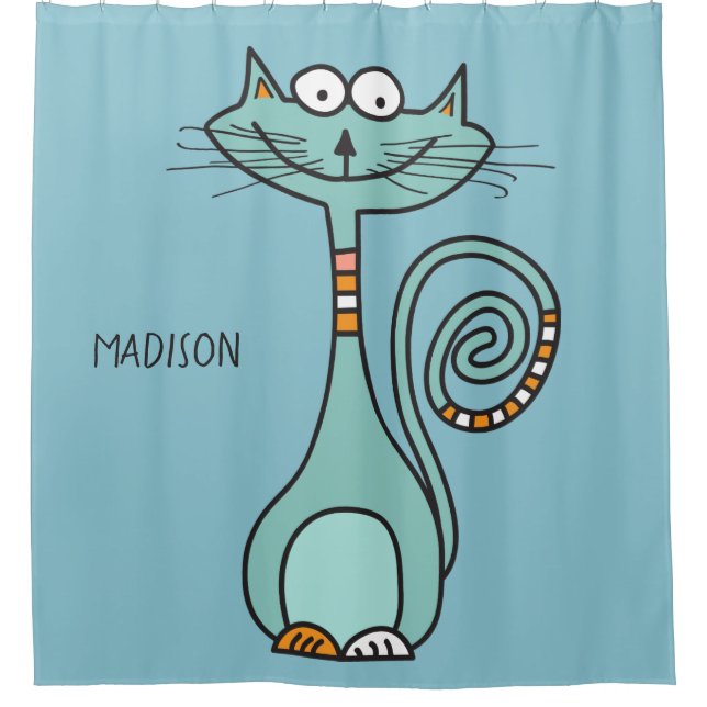 Custom name & colour Funny Cat shower curtain (Front)