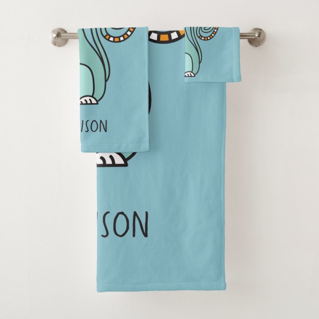 Custom name & colour Funny Cat towel set (Insitu)