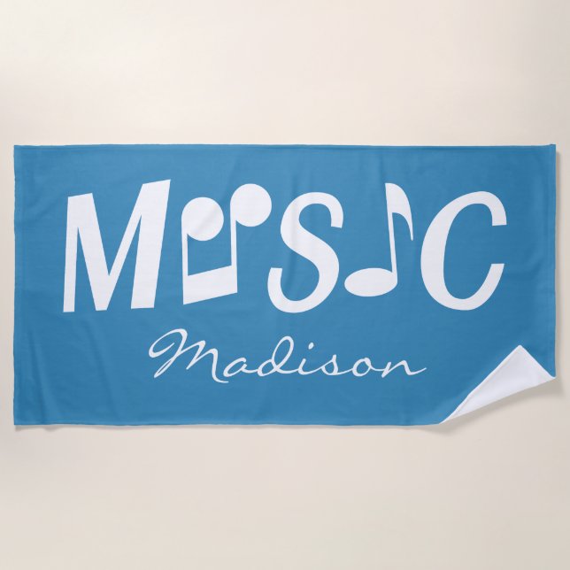 Custom name & colour MUSIC beach towel (Front)