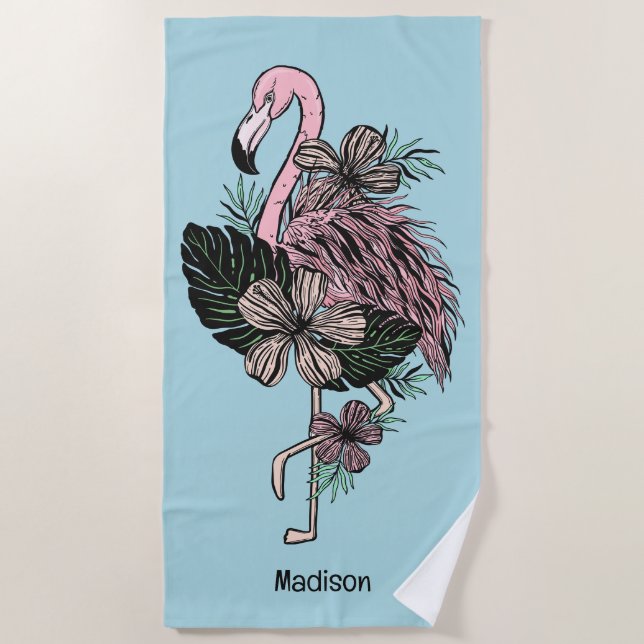 Custom Name & Colour Pink Flamingo Beach Towel (Front)