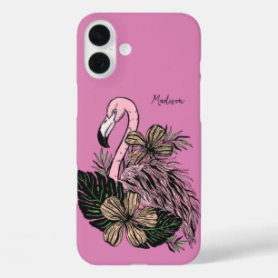 Custom Name & Colour Pink Flamingo iPhone 16 Plus Case