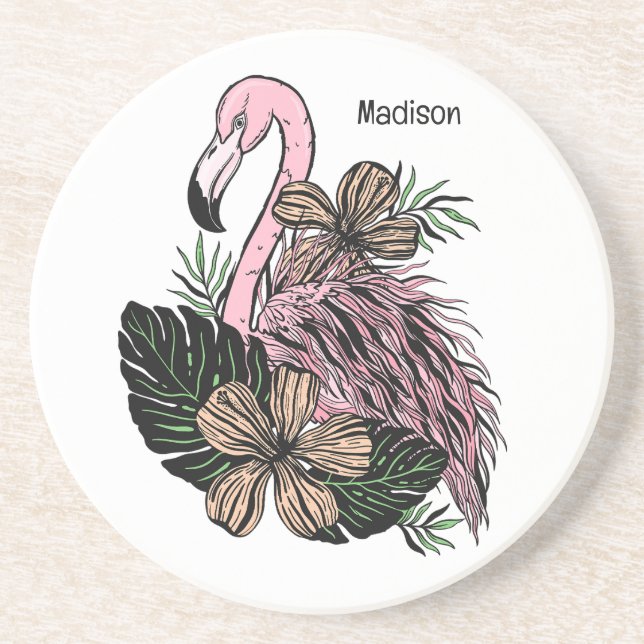 Custom Name & Colour Pink Flamingo Coaster (Front)