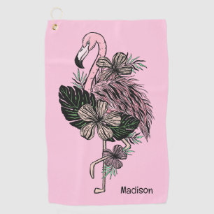 Custom Name & Colour Pink Flamingo Golf Towel