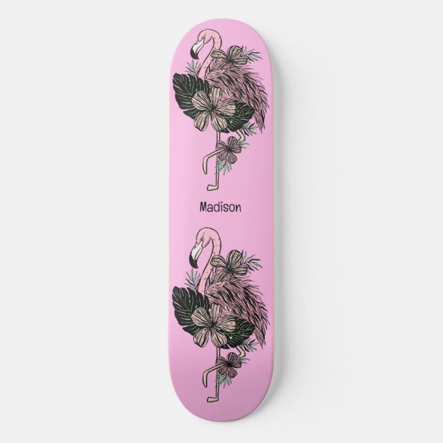 Custom Name & Colour Pink Flamingo Skateboard (Front)
