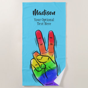 Custom name & colour Rainbow Peace beach towel