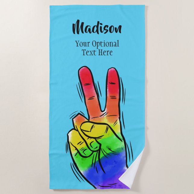 Custom name & colour Rainbow Peace beach towel (Front)