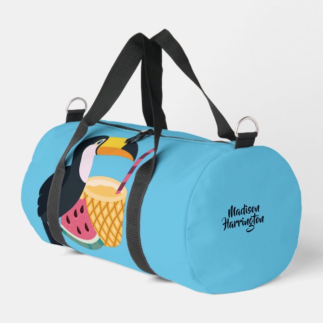 Custom name & colour Toucan Illustration Duffle Bag (Left Corner)