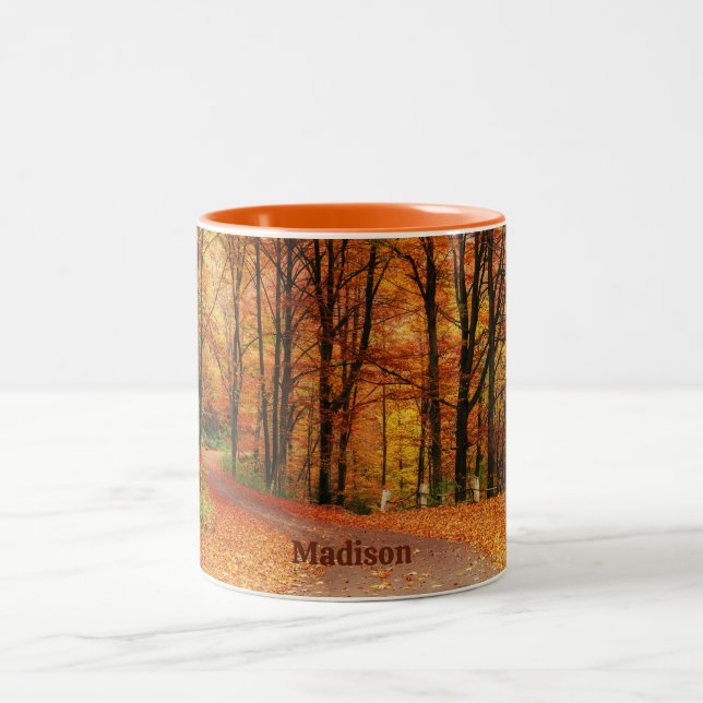 Custom Name Colourful Autumn Path Two-Tone Coffee Mug (Center)
