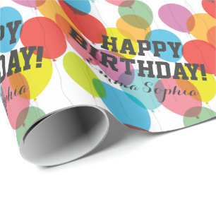 Custom Name Colourful Birthday Balloons Wrapping Paper