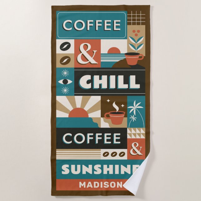 Custom Name Colourful Coffee Quotes Beach Towel (Front)