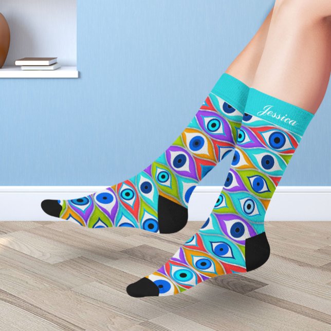 Custom name - Colourful Evil Eye pattern   Socks (Creator Uploaded)