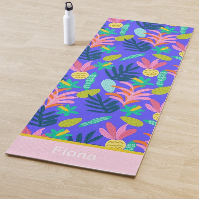 Custom name colourful floral blue modern cute  yoga mat (In Situ)
