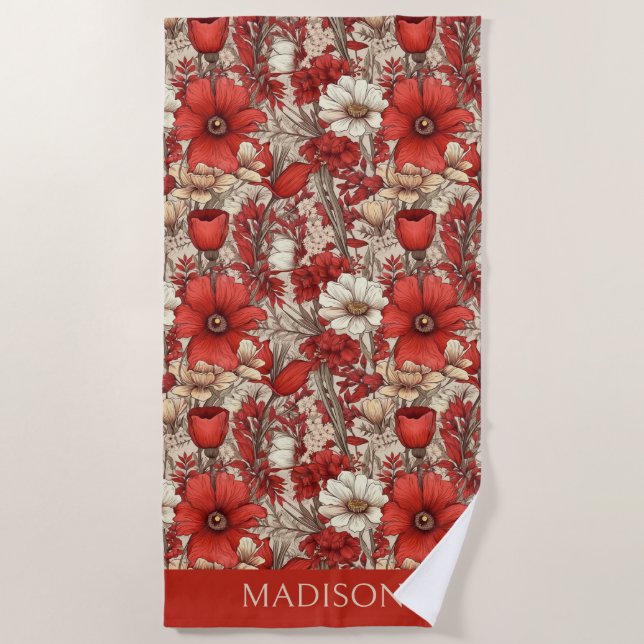 Custom Name Colourful Flower Pattern Beach Towel (Front)