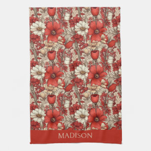 Custom Name Colourful Flower Pattern Tea Towel