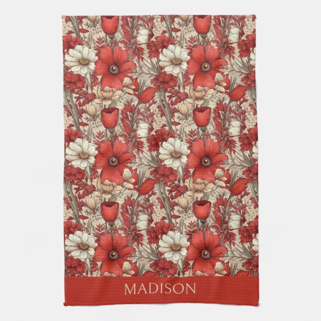 Custom Name Colourful Flower Pattern Tea Towel (Vertical)