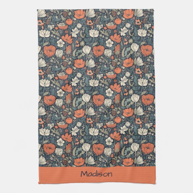 Custom Name Colourful Flower Pattern Tea Towel (Vertical)