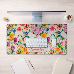Custom Name Colourful Flowers Feminine Script Desk Mat