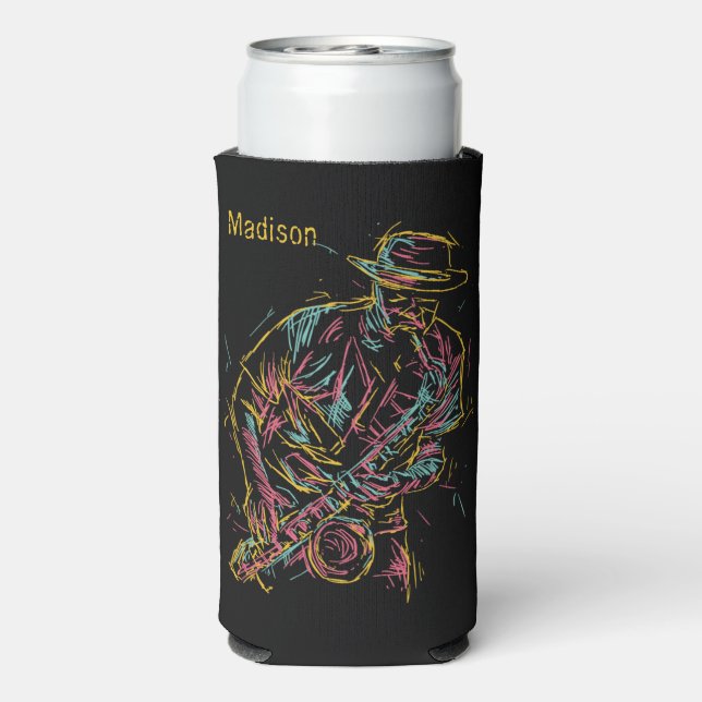 Custom name Colourful Jazz Player Seltzer Can Cooler (Seltzer Back)