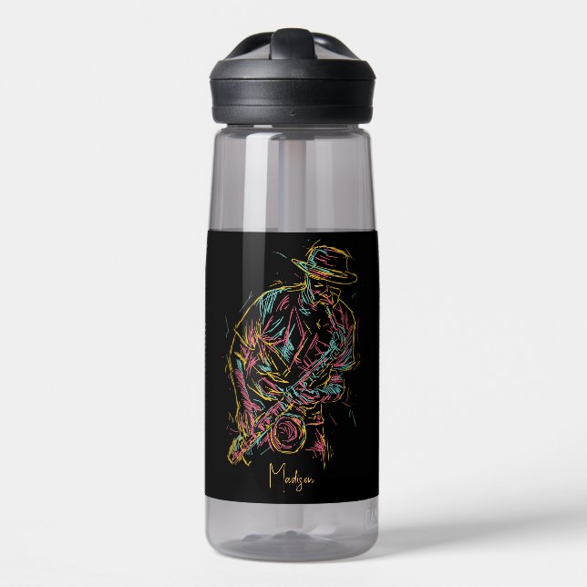 Custom name Colourful Jazz Player Water Bottle (Front)