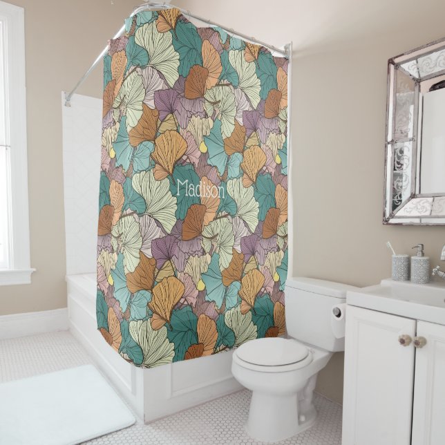 Custom Name Colourful Leaf Pattern Shower Curtain (In Situ)