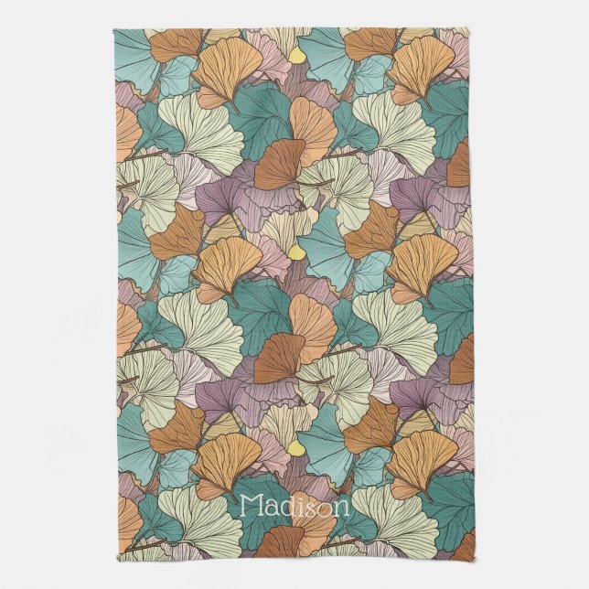 Custom Name Colourful Leaf Pattern Tea Towel (Vertical)