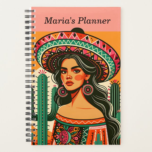 Custom Name Colourful Mexican Fiesta Cactus Planner (Front)