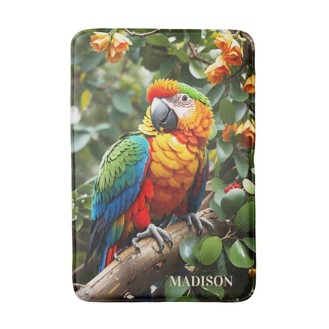 Custom Name Colourful Parrot Bath Mat (Front Vertical)